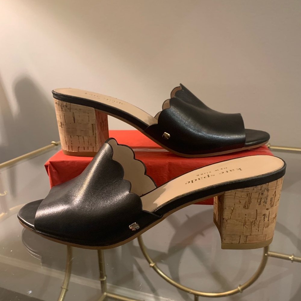 Kate Spade black leather cork heel sandal “warren” sz 6